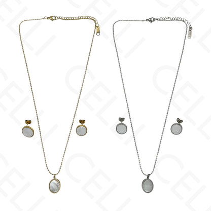 Colar/Brinco de aço - oval com madrepérola