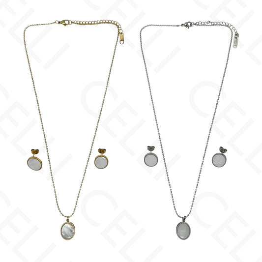 钢制耳环 - 带母贝的椭圆形