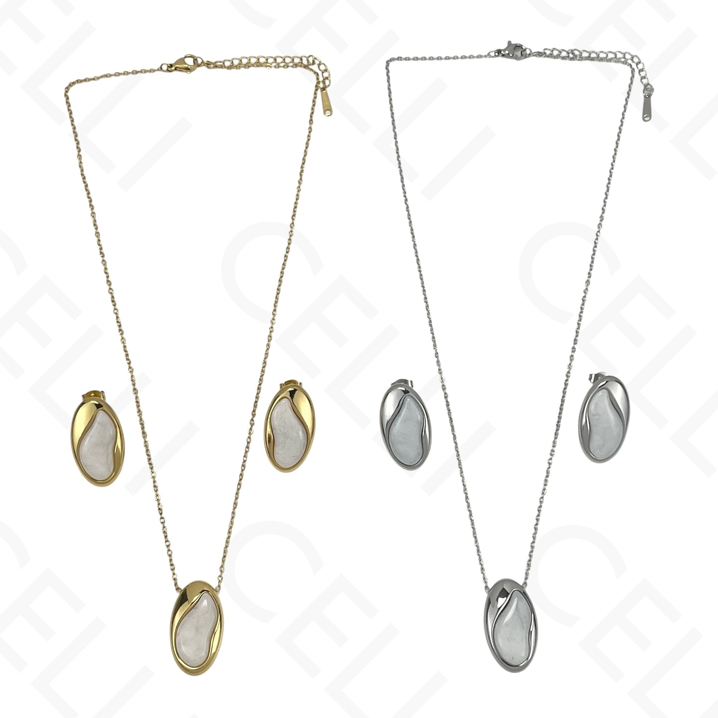 Colar/Brinco de aço - oval com resina