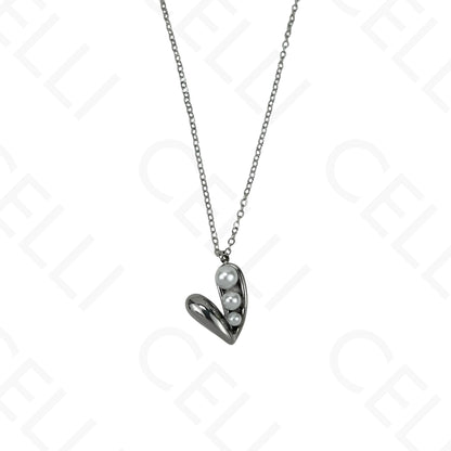 Colar/Brinco de aço - coração com pérolas