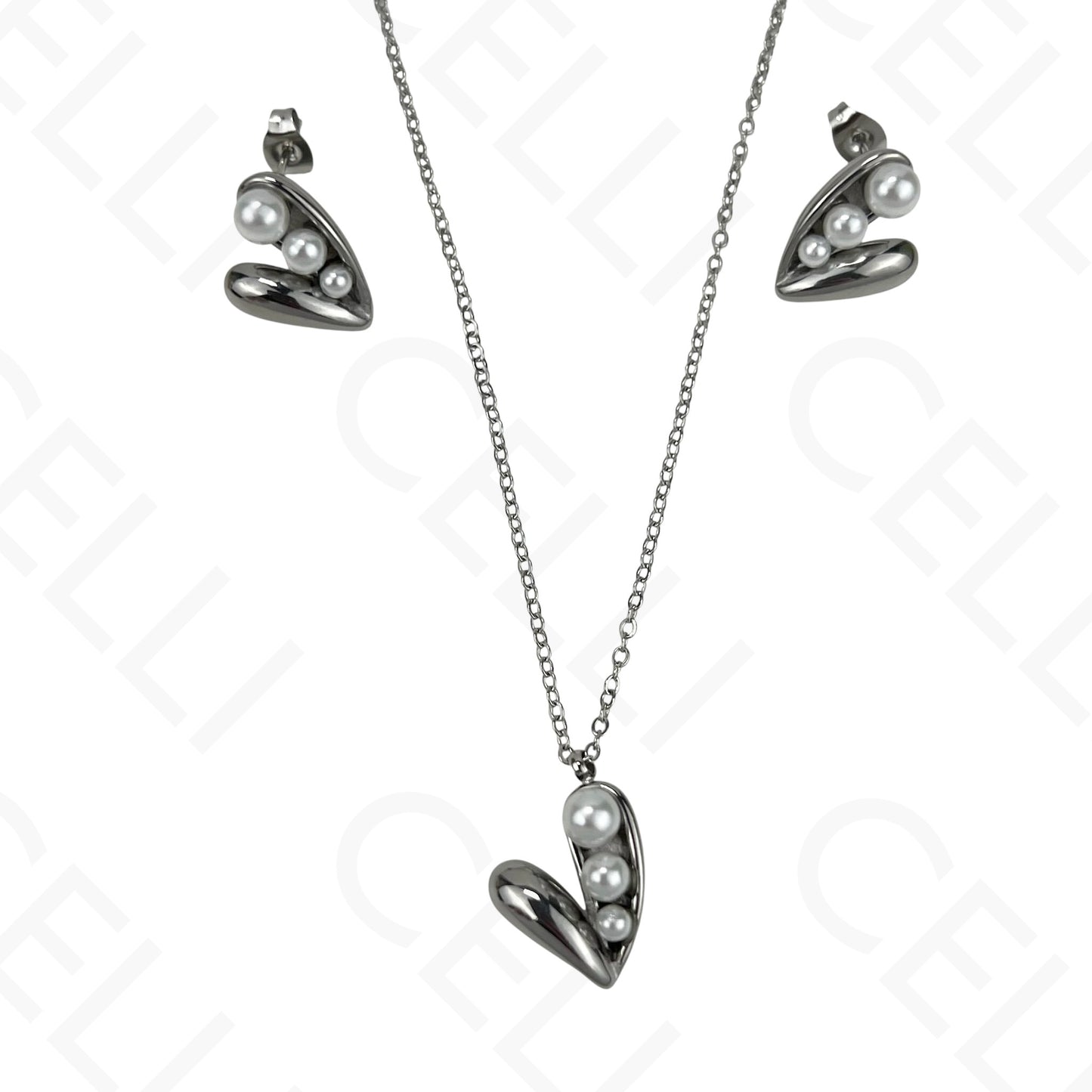 Colar/Brinco de aço - coração com pérolas