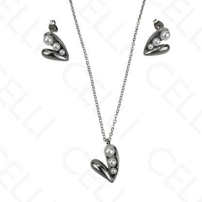 Colar/Brinco de aço - coração com pérolas