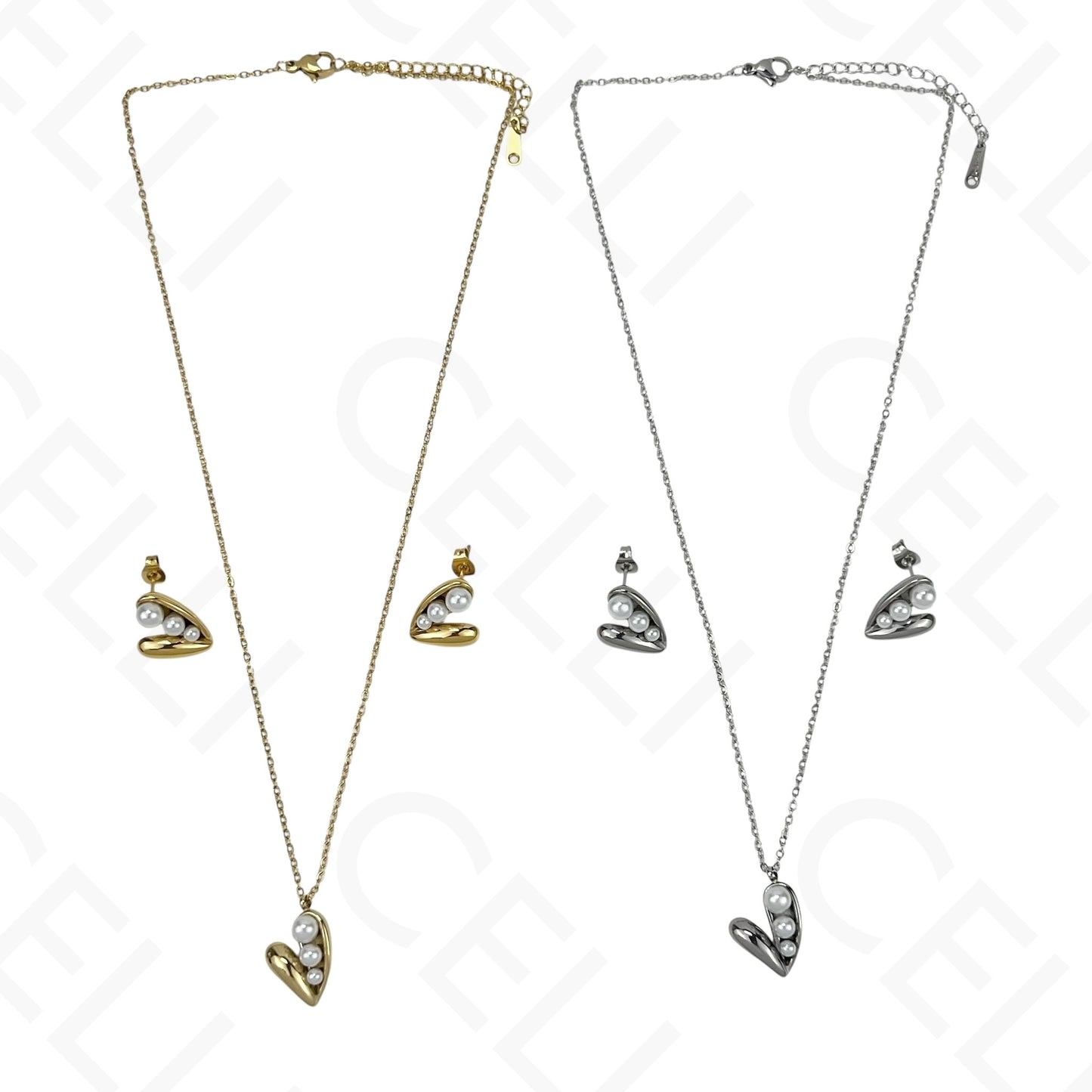 Colar/Brinco de aço - coração com pérolas