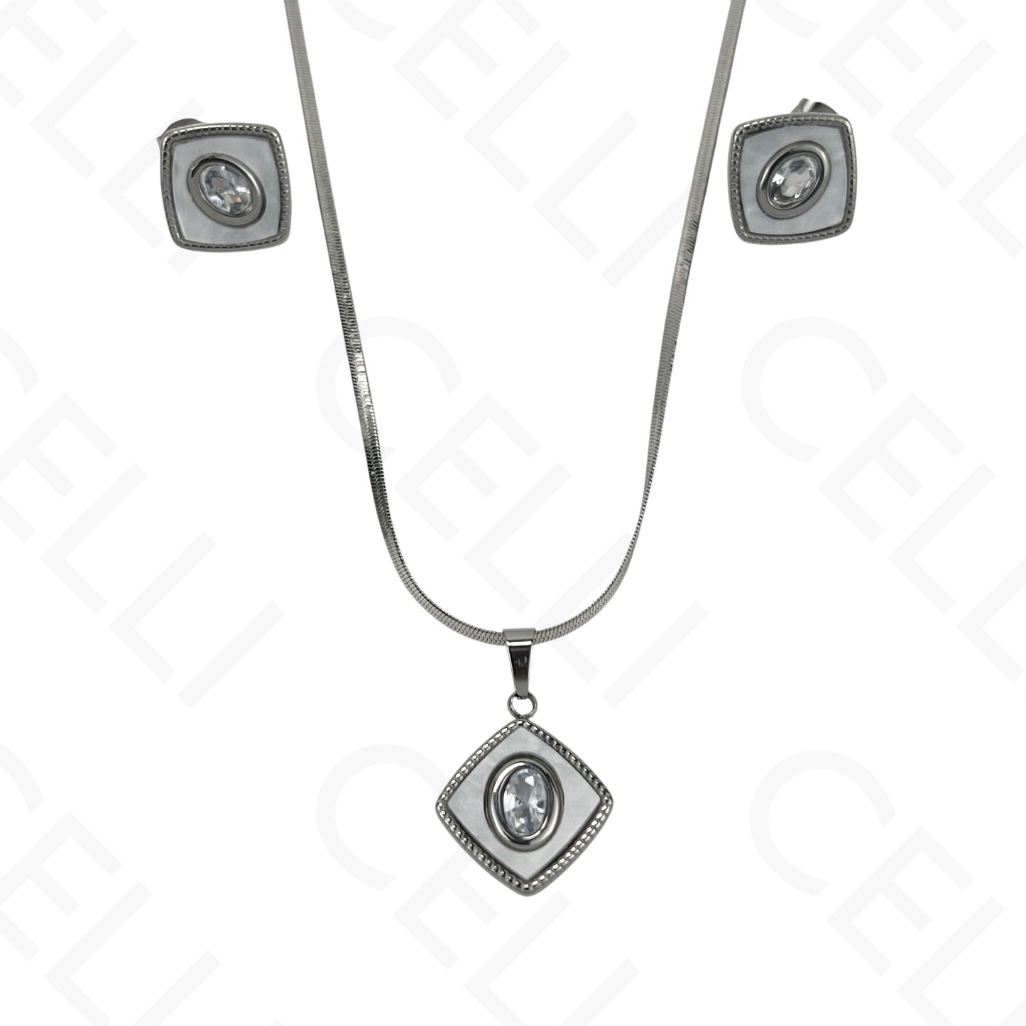 钢制耳环 - 带钻的方形母贝