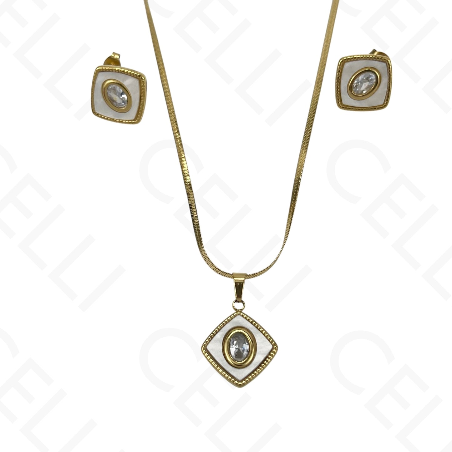 钢制耳环 - 带钻的方形母贝