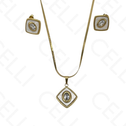 钢制耳环 - 带钻的方形母贝