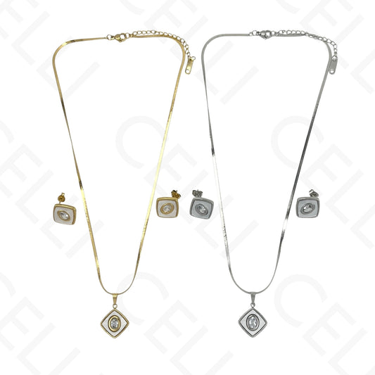 钢制耳环 - 带钻的方形母贝