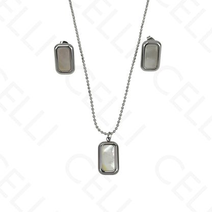 Colar/Brinco de aço - rectangular com madrepérola