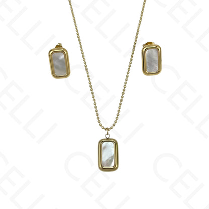 Colar/Brinco de aço - rectangular com madrepérola