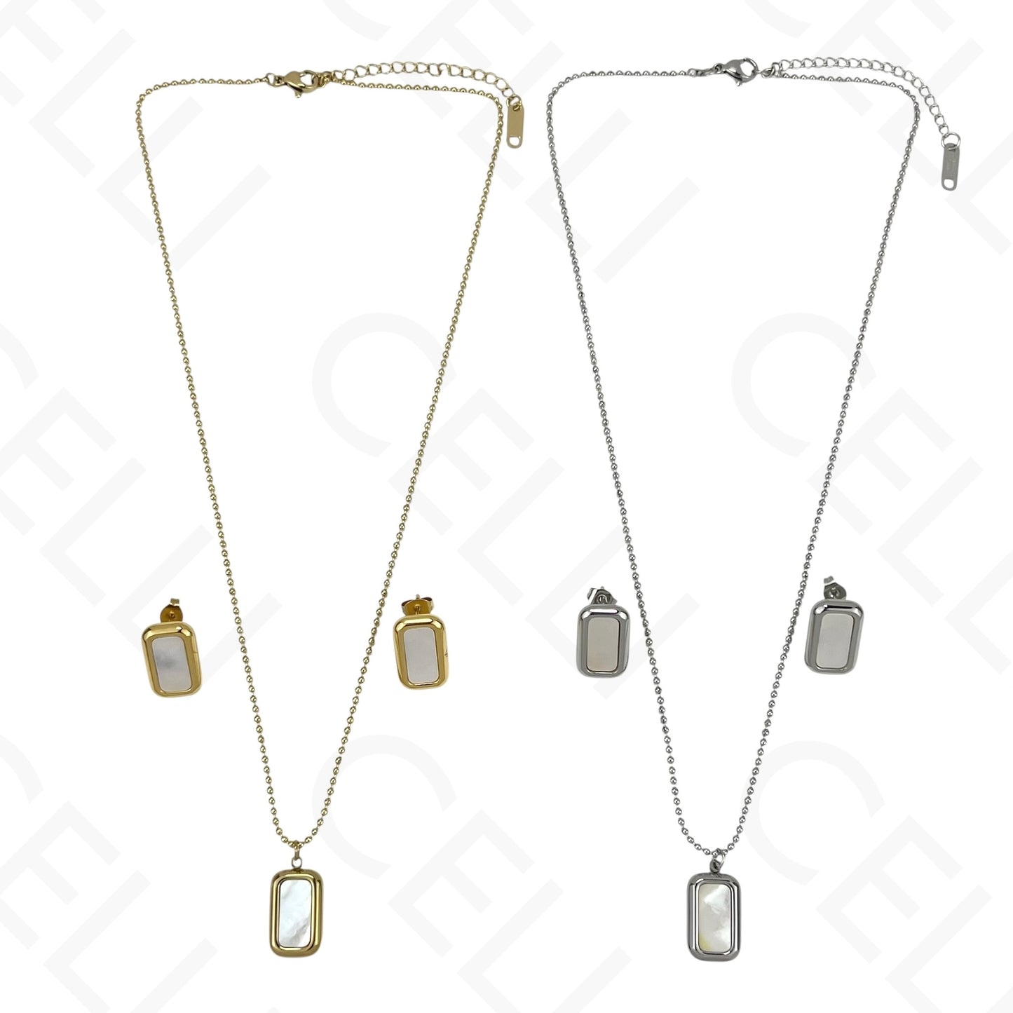 Colar/Brinco de aço - rectangular com madrepérola