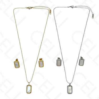 Colar/Brinco de aço - rectangular com madrepérola