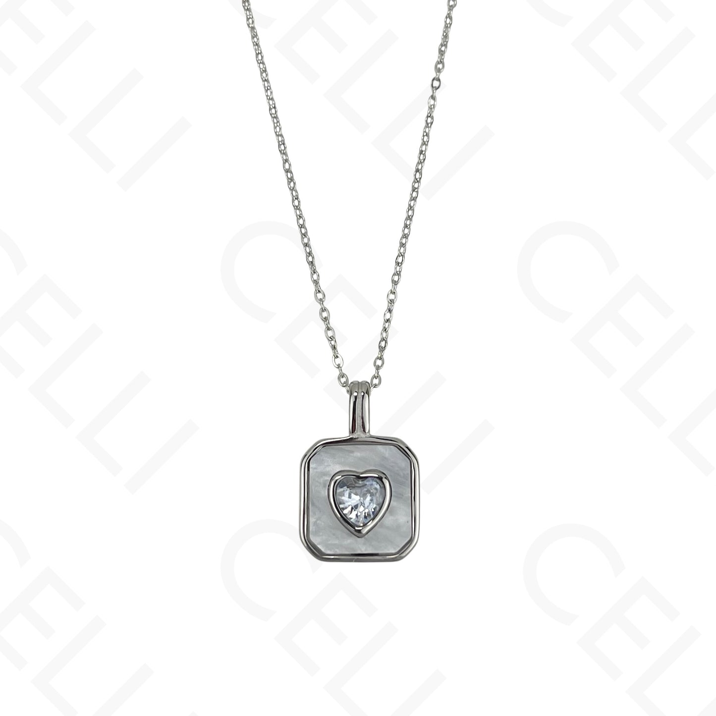 Colar/Brinco de aço - quadrado madrepérola com brilhante coração