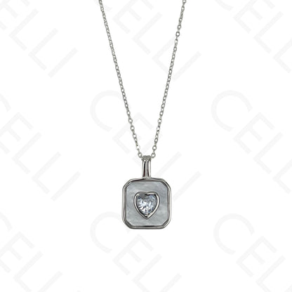 Colar/Brinco de aço - quadrado madrepérola com brilhante coração