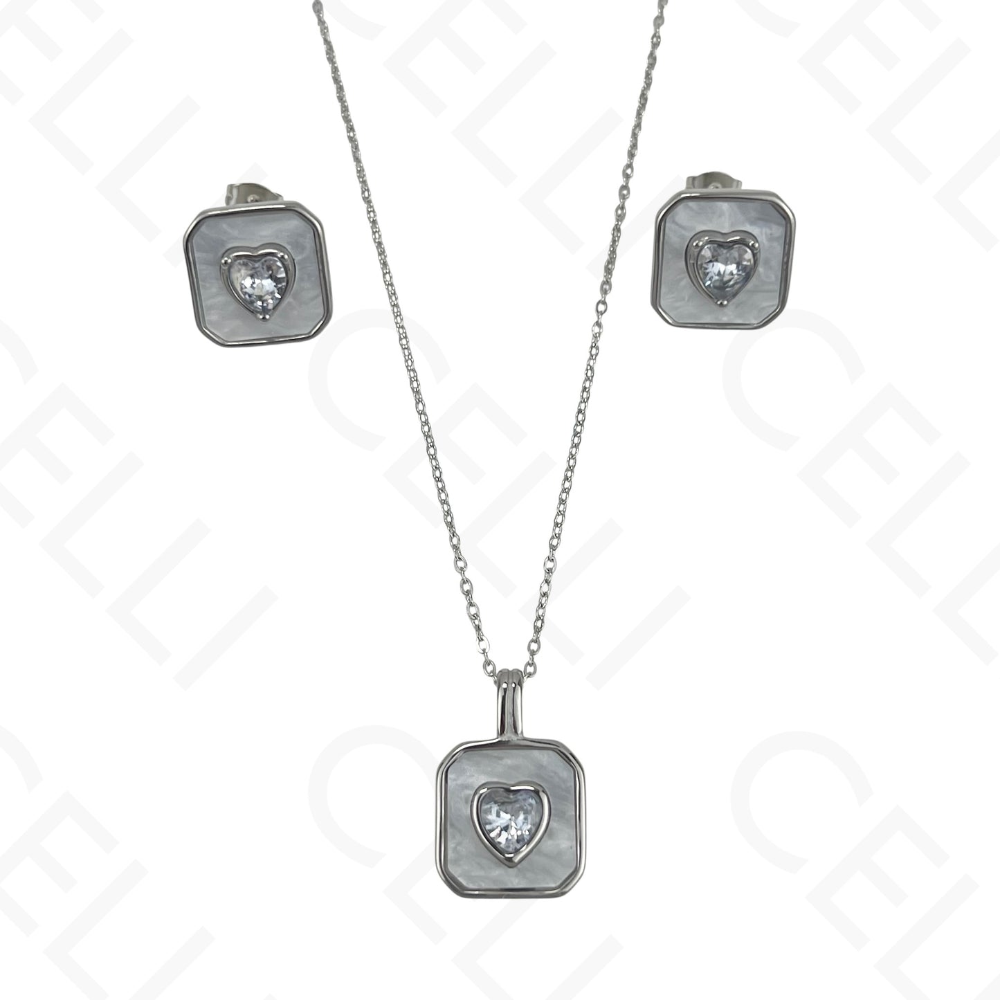 Colar/Brinco de aço - quadrado madrepérola com brilhante coração