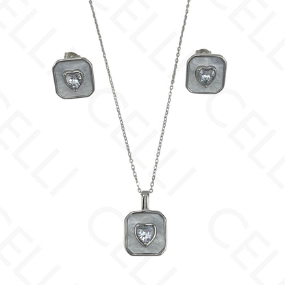 Colar/Brinco de aço - quadrado madrepérola com brilhante coração