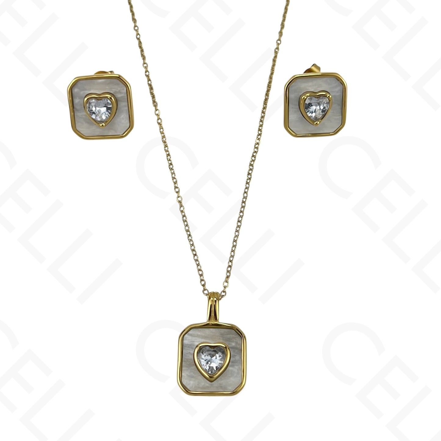 Colar/Brinco de aço - quadrado madrepérola com brilhante coração