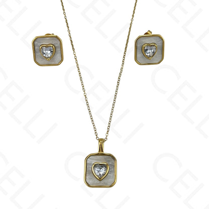 Colar/Brinco de aço - quadrado madrepérola com brilhante coração