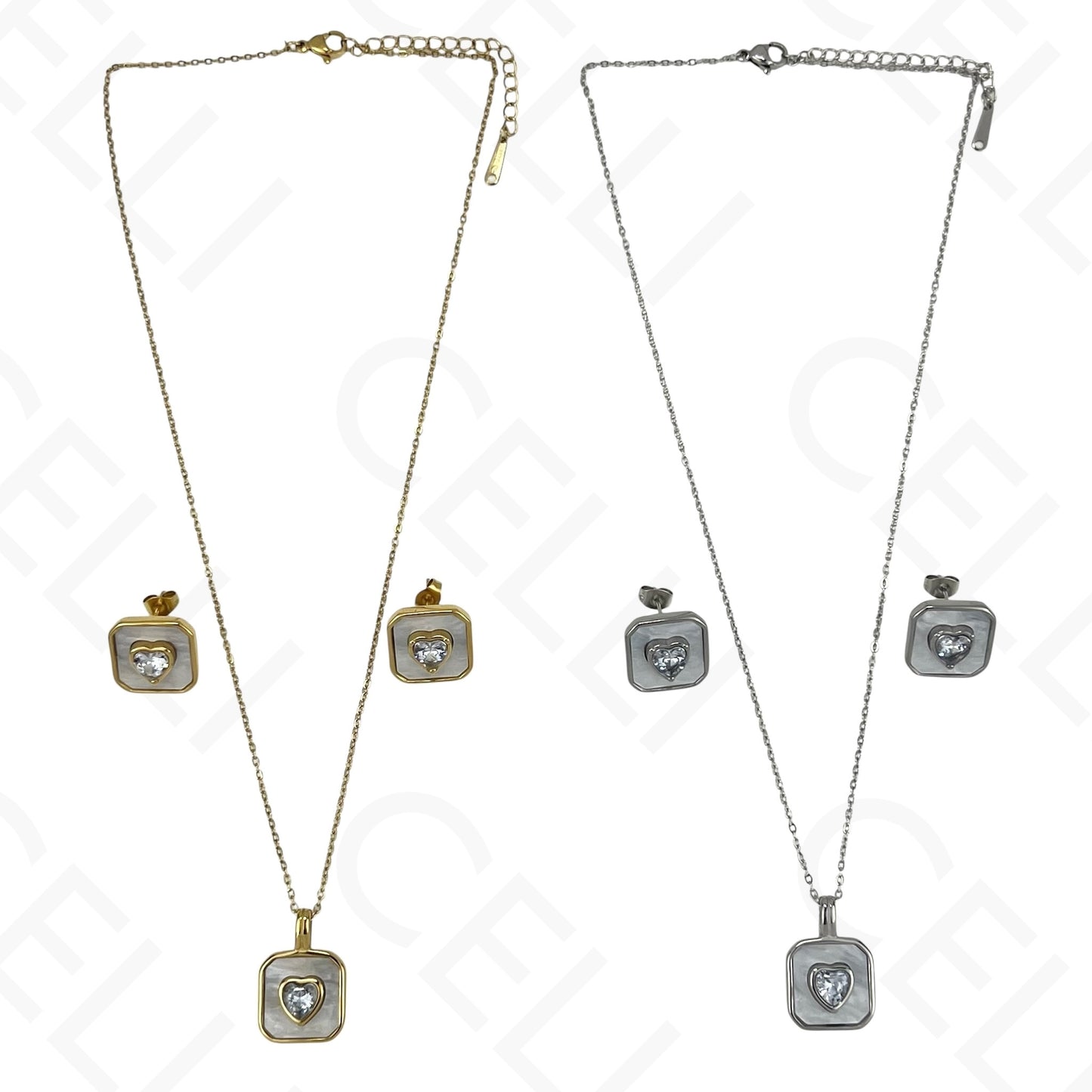 Colar/Brinco de aço - quadrado madrepérola com brilhante coração