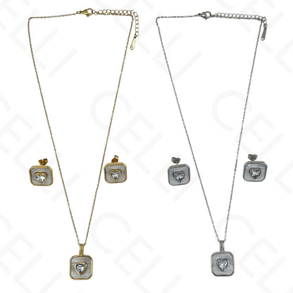 Colar/Brinco de aço - quadrado madrepérola com brilhante coração