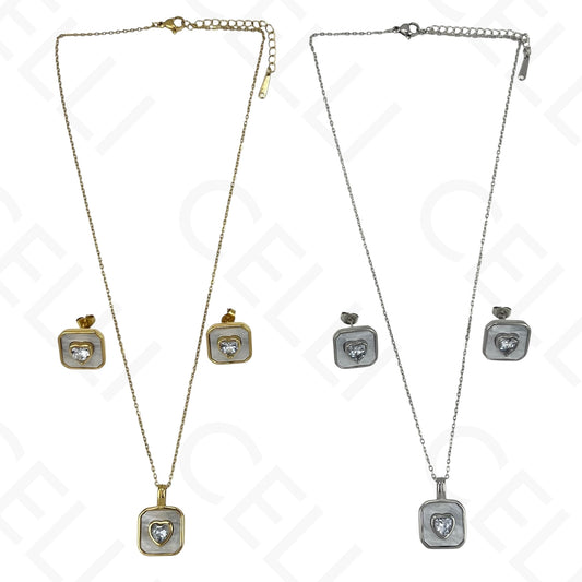 钢制耳环 - 带钻心形的方形母贝