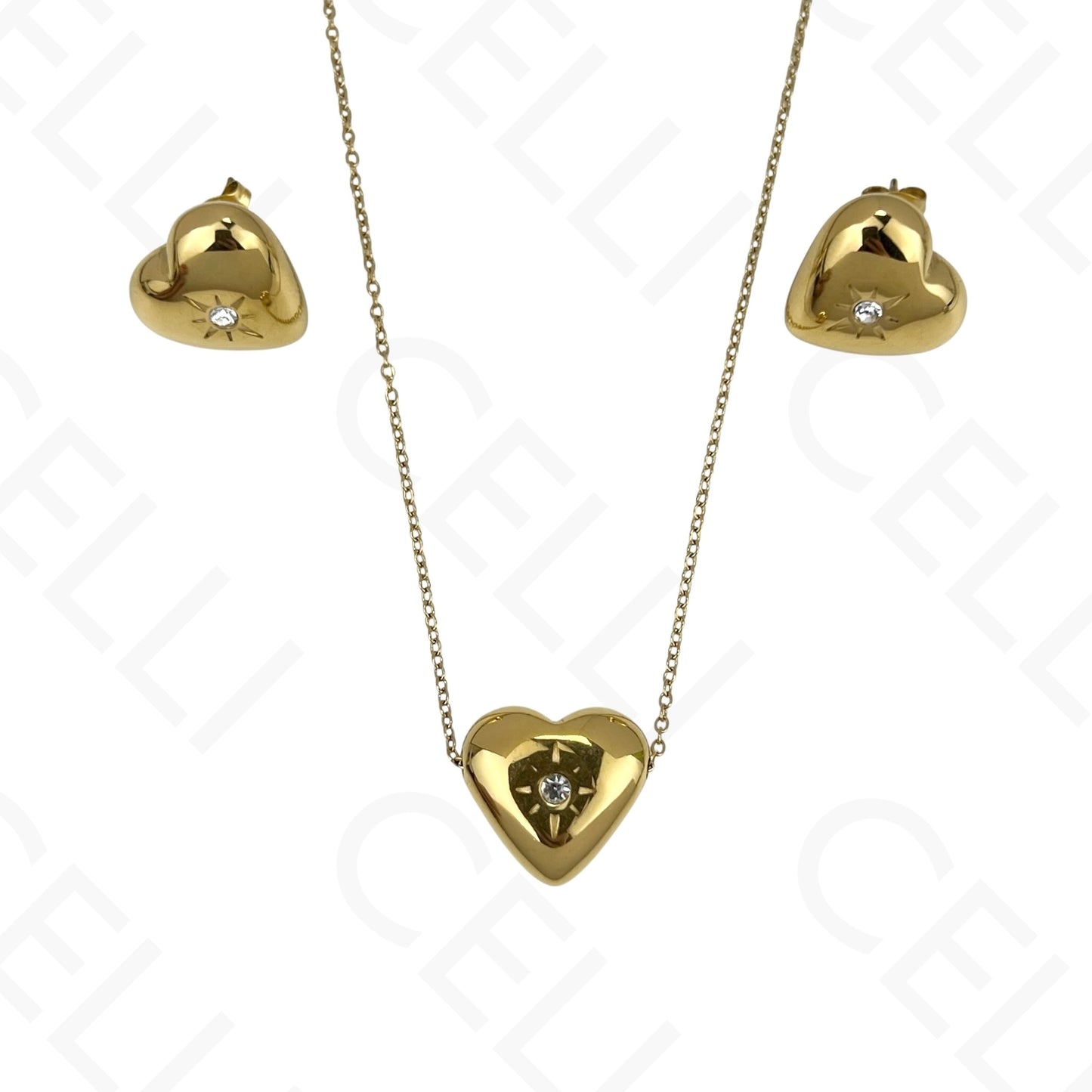 Colar/Brinco de aço - coração com brilhante