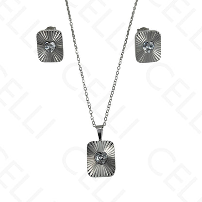 Colar/Brinco de aço - rectangular com brilhante coração