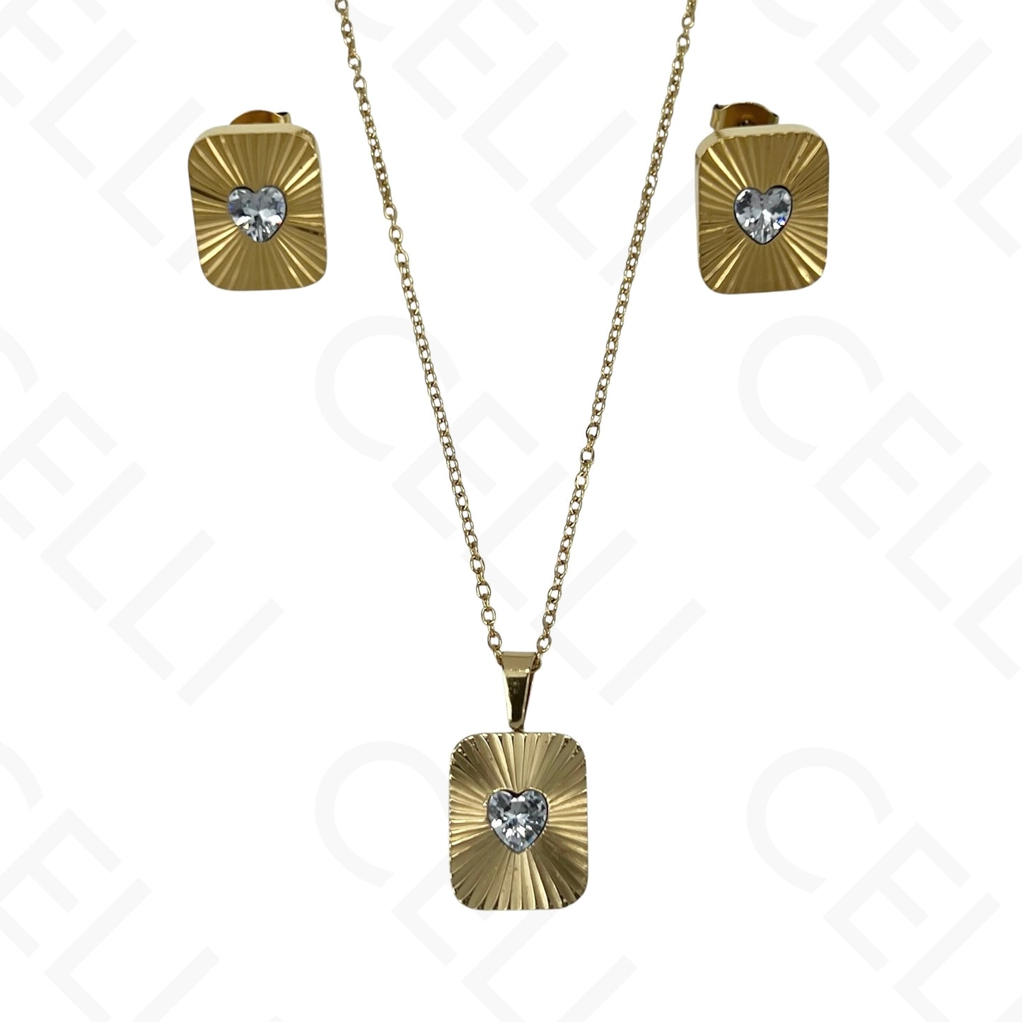 Colar/Brinco de aço - rectangular com brilhante coração