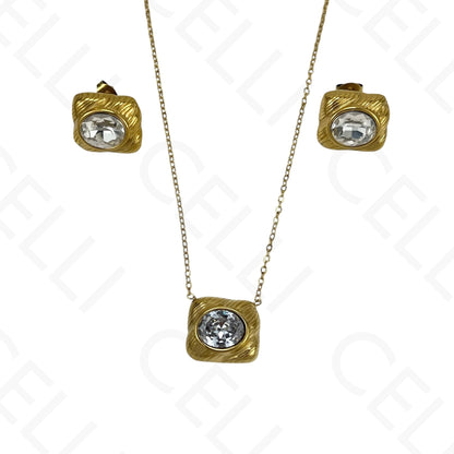 Colar/Brinco de aço - rectangular com brilhante