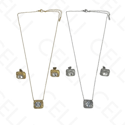 Colar/Brinco de aço - rectangular com brilhante