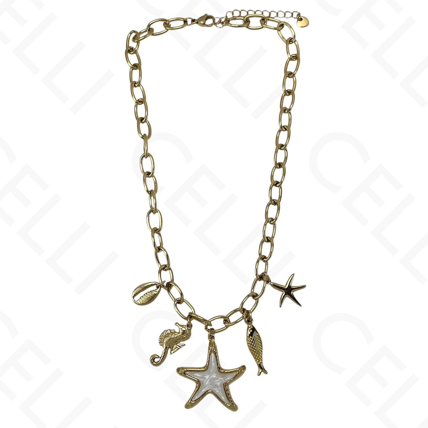 Steel necklace - marine elements. Seahorse - starfish - fish.