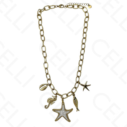 Steel necklace - marine elements. Seahorse - starfish - fish.