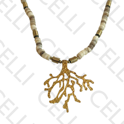 不锈钢项链 - 母贝圆盘与珊瑚奖章