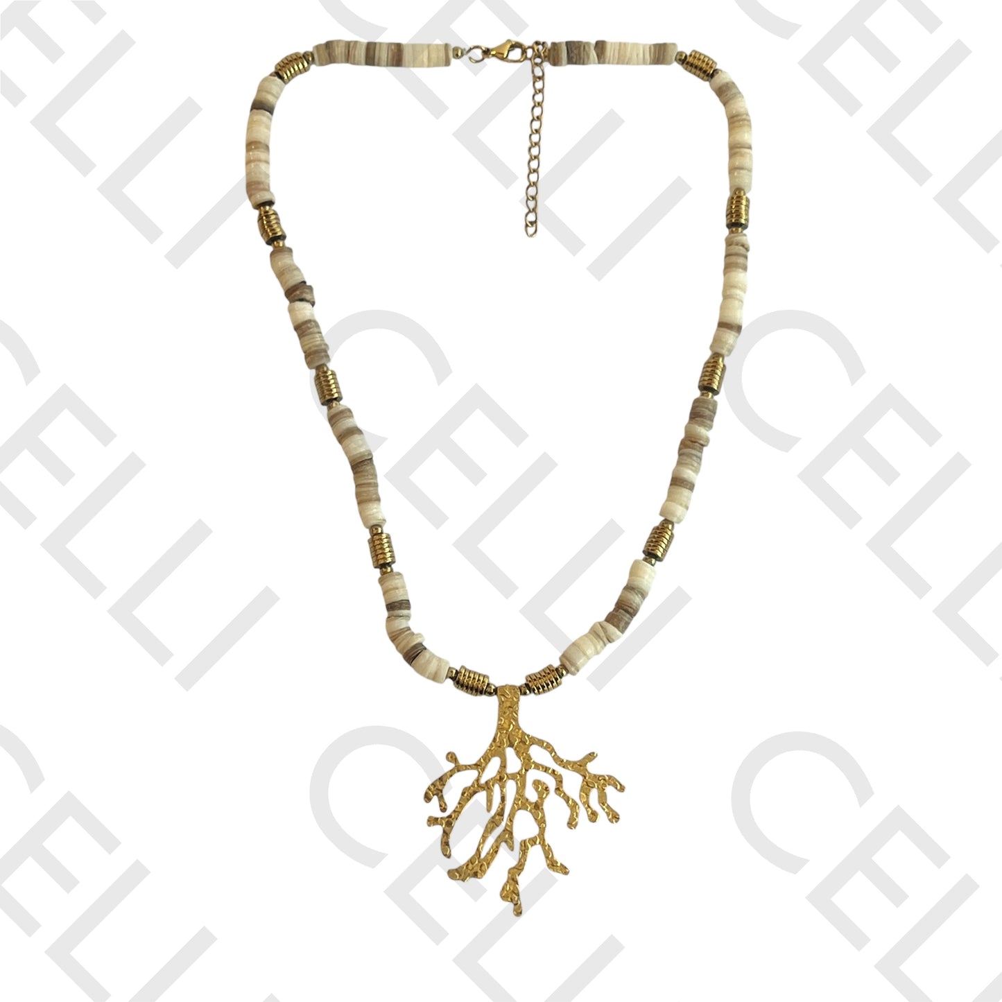 不锈钢项链 - 母贝圆盘与珊瑚奖章