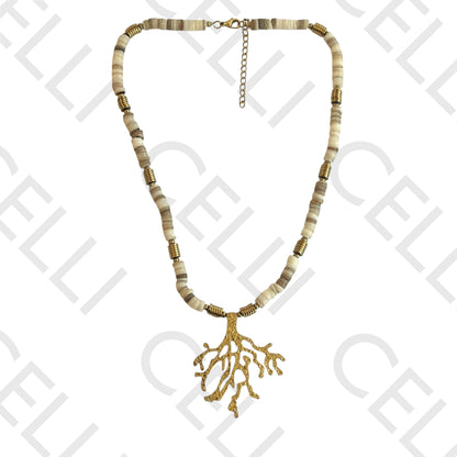 不锈钢项链 - 母贝圆盘与珊瑚奖章