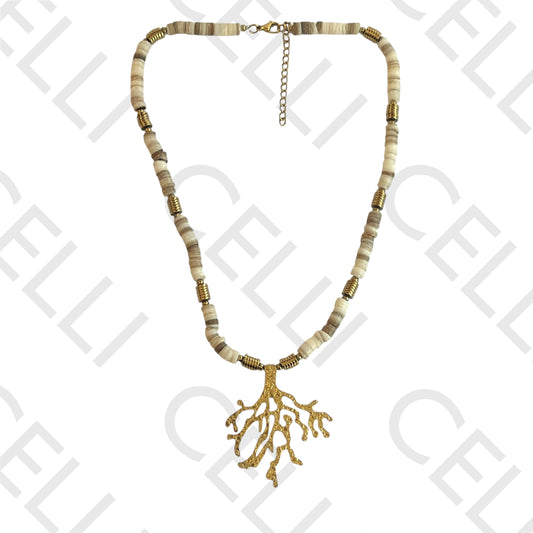 Colar de aço - discos de madrepérola e medalha coral