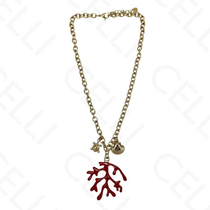 Steel Necklace - Red Enamel Coral