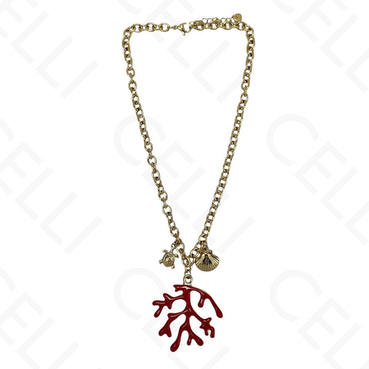 Steel Necklace - Red Enamel Coral