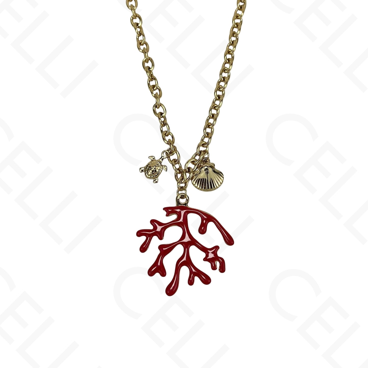 Steel Necklace - Red Enamel Coral