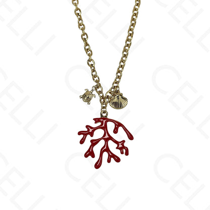 Steel Necklace - Red Enamel Coral