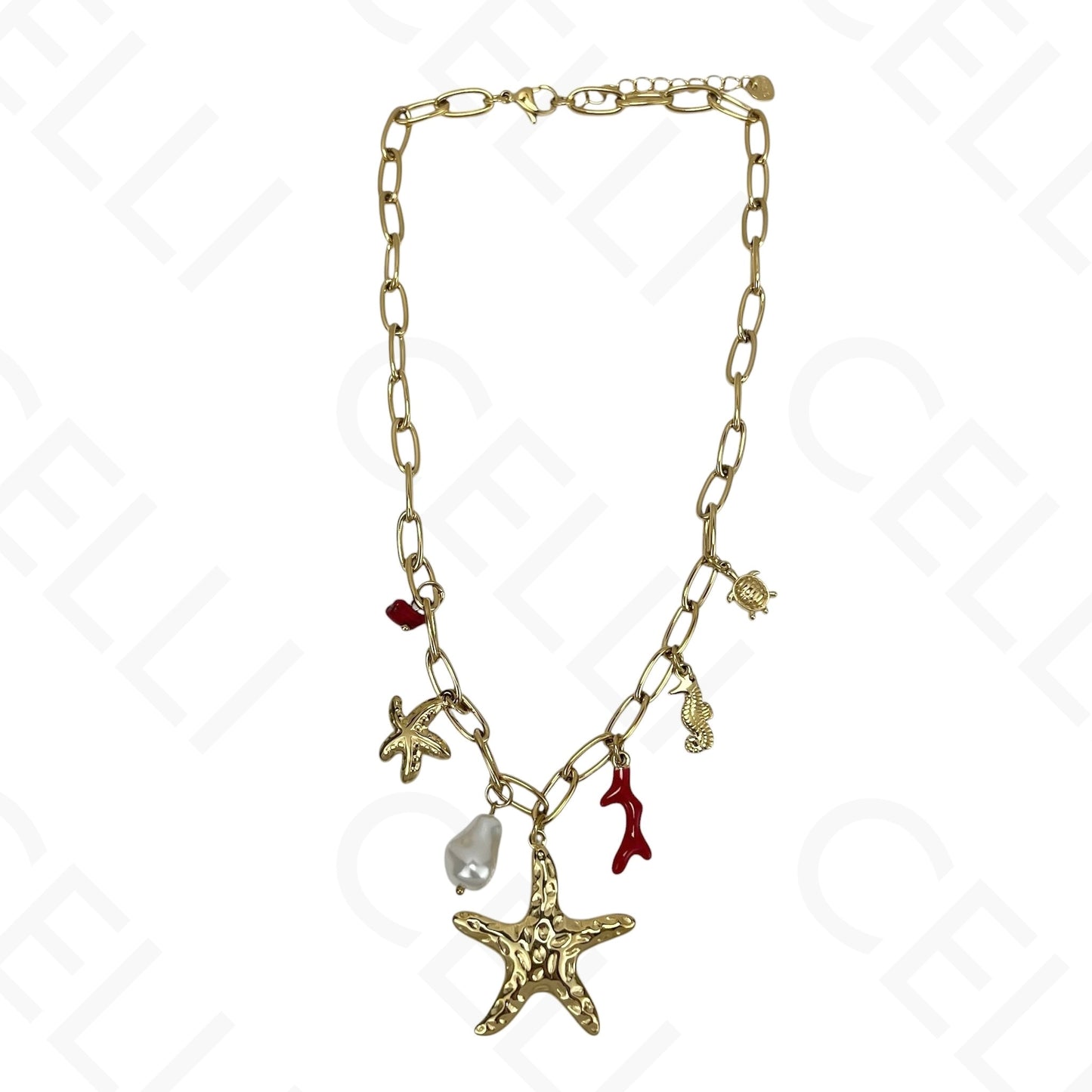 Steel Necklace - Red Enamel Coral, Starfish