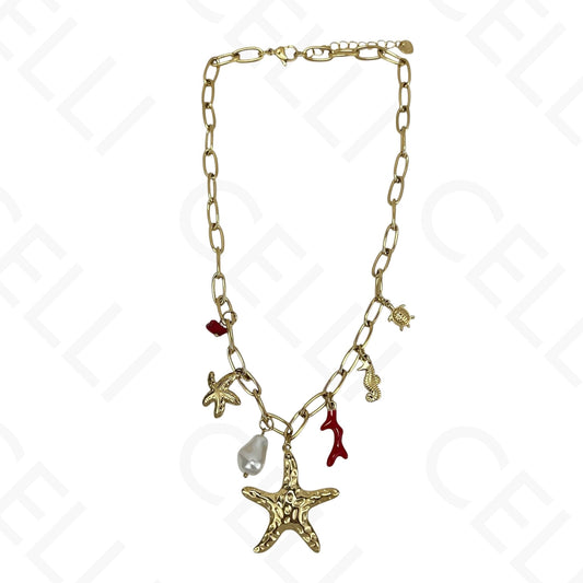 Steel Necklace - Red Enamel Coral, Starfish