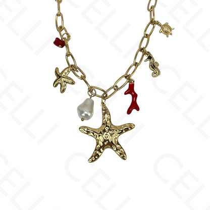 Steel Necklace - Red Enamel Coral, Starfish