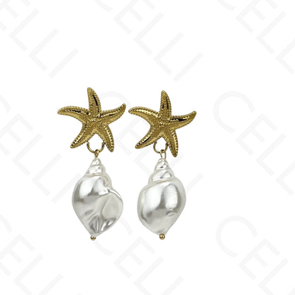 Brinco de aço - estrela do mar com pérola formato búzio