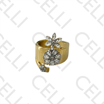Steel Ring (dual-tone) - flower with diamonds