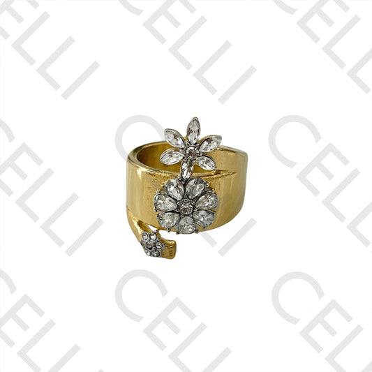 Anillo de acero (doble color) - flor con diamantes