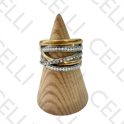 Anillo de acero (doble color) - perlas y diamantes
