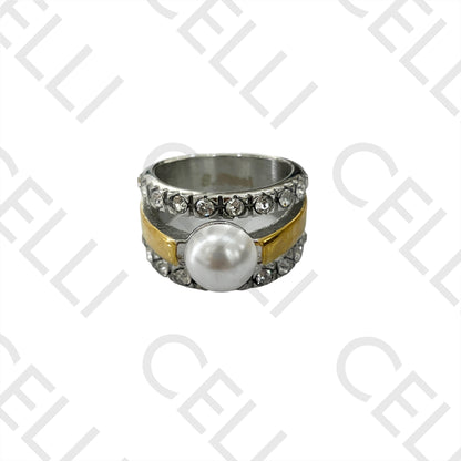 Steel Ring (two-tone) - pearl and brilliants