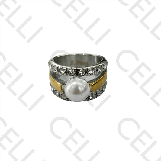 Anillo de acero (doble color) - perla y diamantes