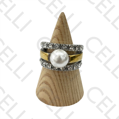 Steel Ring (two-tone) - pearl and brilliants