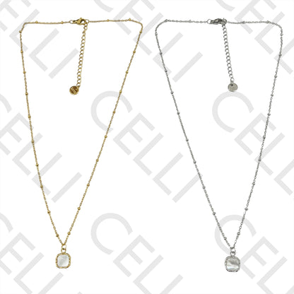 Colar de Aço (malha oval achatada com bolinhas) - medalha quadrada com madrepérola